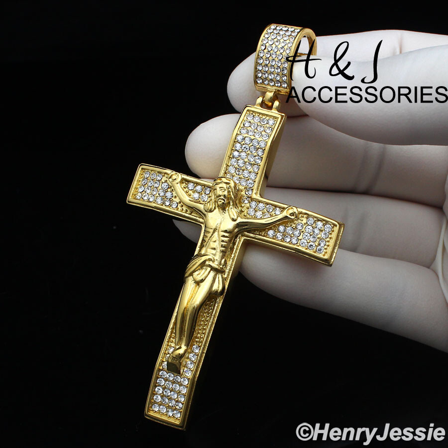 18-40″Stainless Steel 7mm Gold Plated Miami Cuban Chain BIG CZ Cross Pendant*142