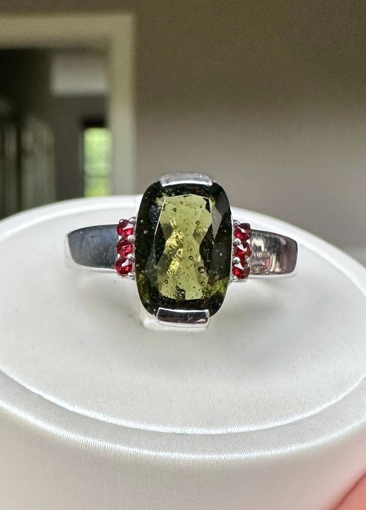 💎 Czech Republic Moldavite & Red Garnet 925 SS Statement Ring 💍 Size 9.25