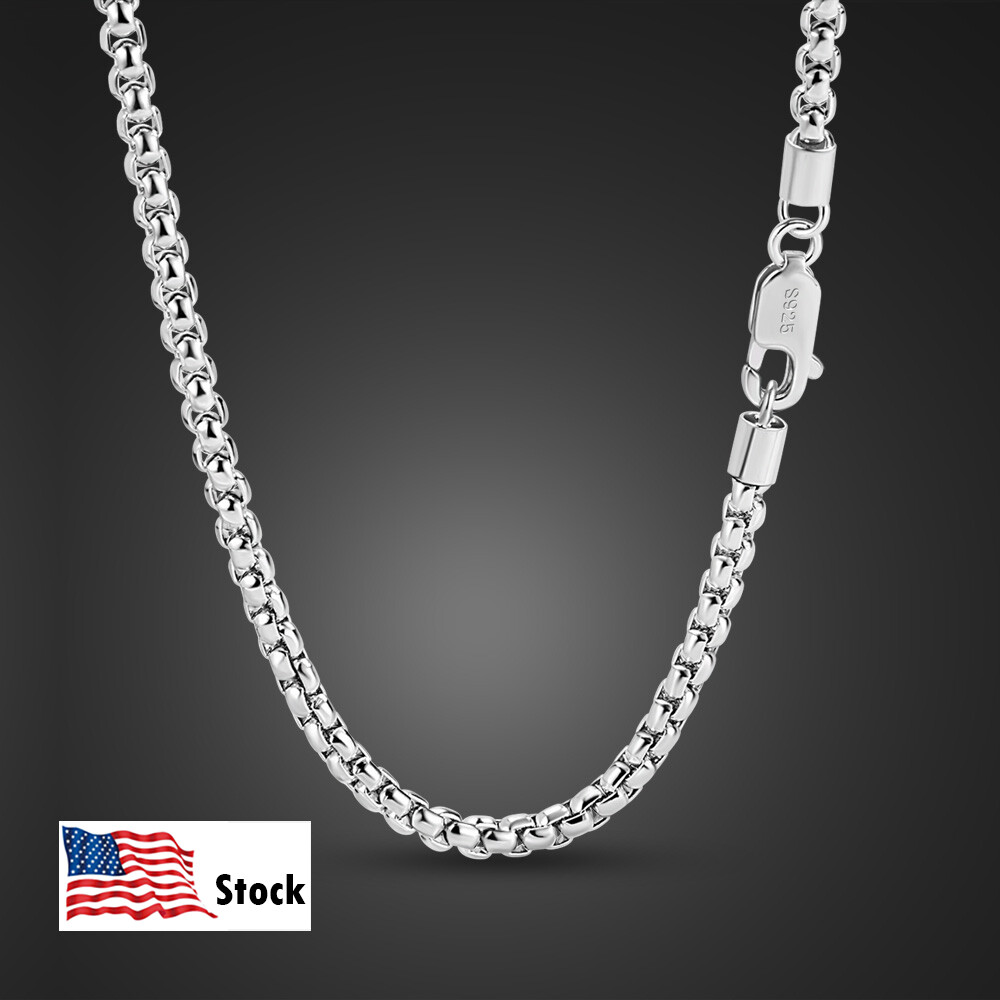 925 Sterling Silver Solid 3mm Round Box Chain Necklace 18″-28″ for Women & Men
