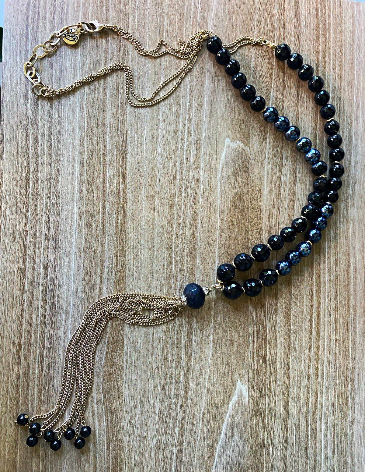 Vera Bradley Vintage Long Black and Blue Glass Bead Necklace/Gold Toned Tassel
