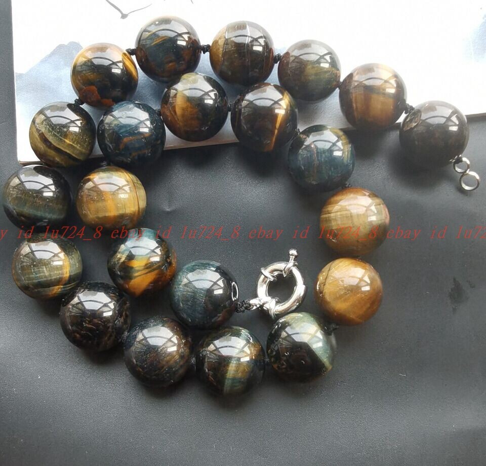 16mm/18mm Natural Blue Yellow Tiger Eye Stone Quartz Beaded Necklace 16-100″