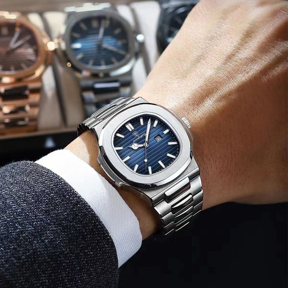 POEDAGAR Square Men Waterproof Luminous Date Stainless Steel Quartz Watch
