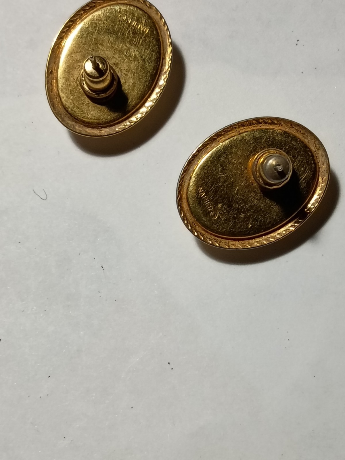 Monet Gold Plated Oval White Imitation Pearl Stud Earrings, Bezel, Screw Back