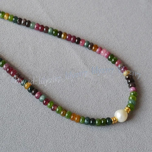 Natural Colorful Tourmaline Rondelle Gemstone Beads White Pearl Necklace 14-48”