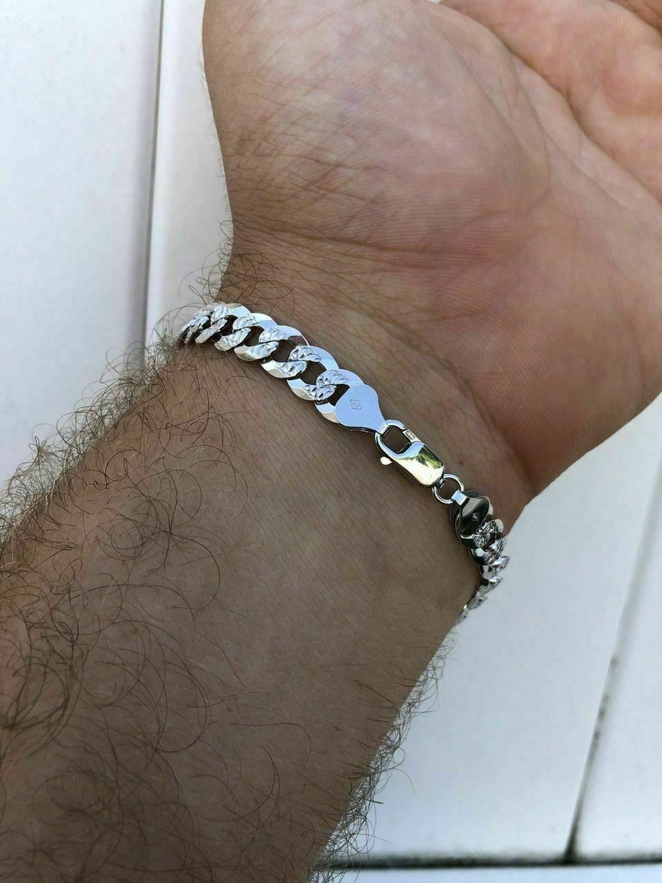 Men’s Miami Cuban Bracelet Diamond Cut Solid 925 Sterling Silver 8mm Italy Made