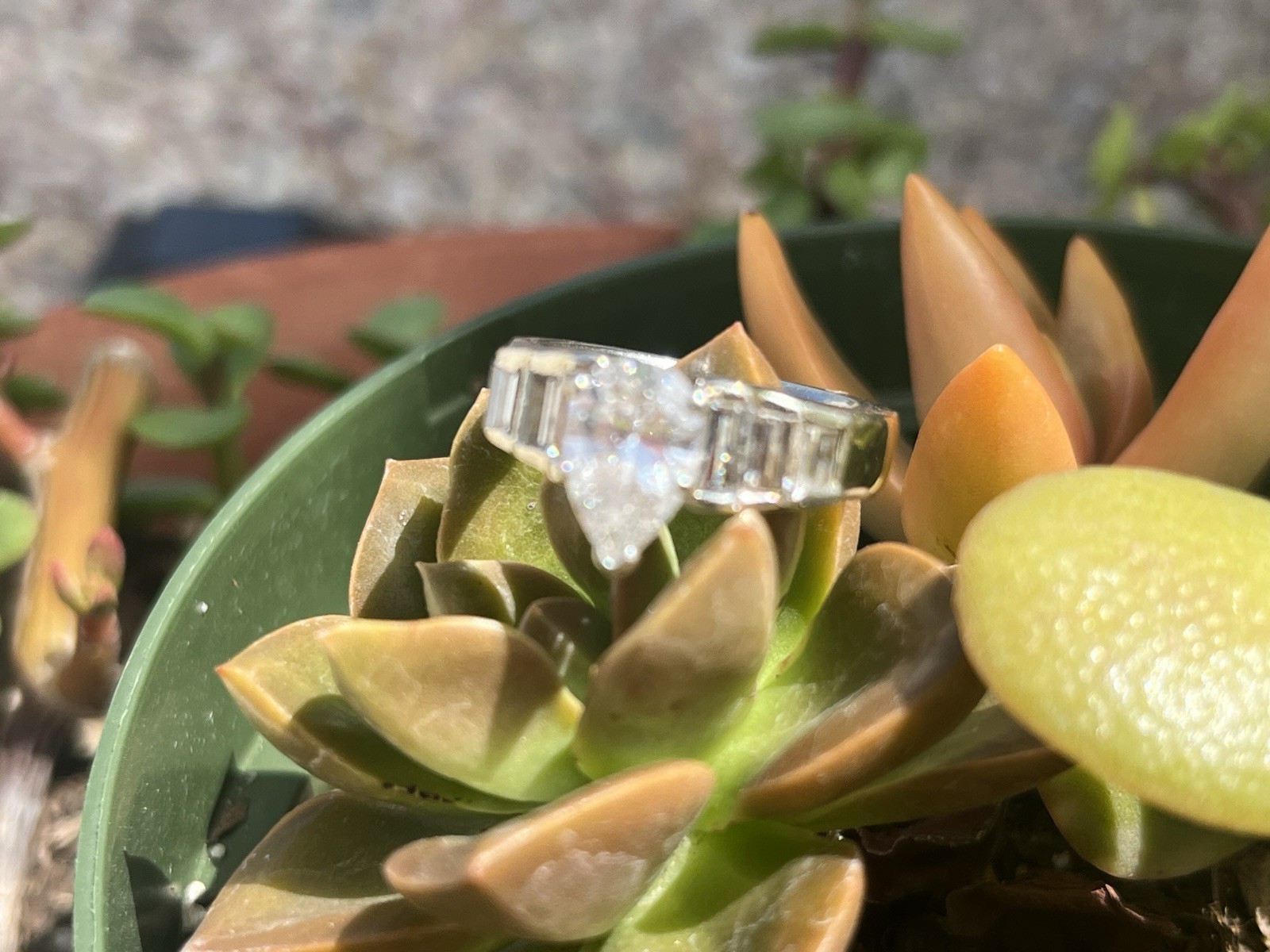 14K White Gold Pear Diamond Engagement Ring w/ Baguette Sides, Size 7 4mm