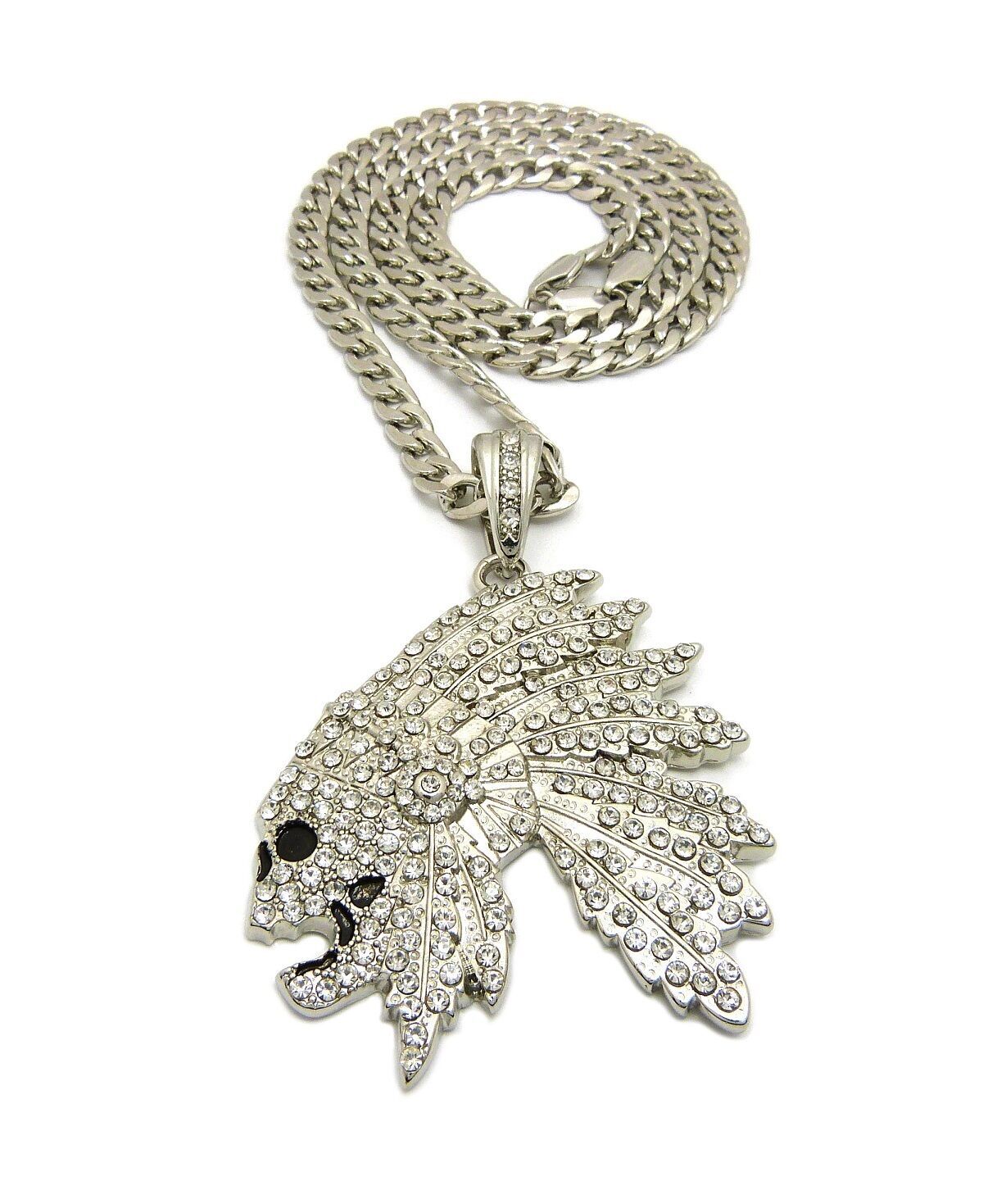 SILVER PLATED ALLOY CUBIC ZIRCONIA SKULL CHIEF & CUBAN CHAIN HIP HOP NECKLACE