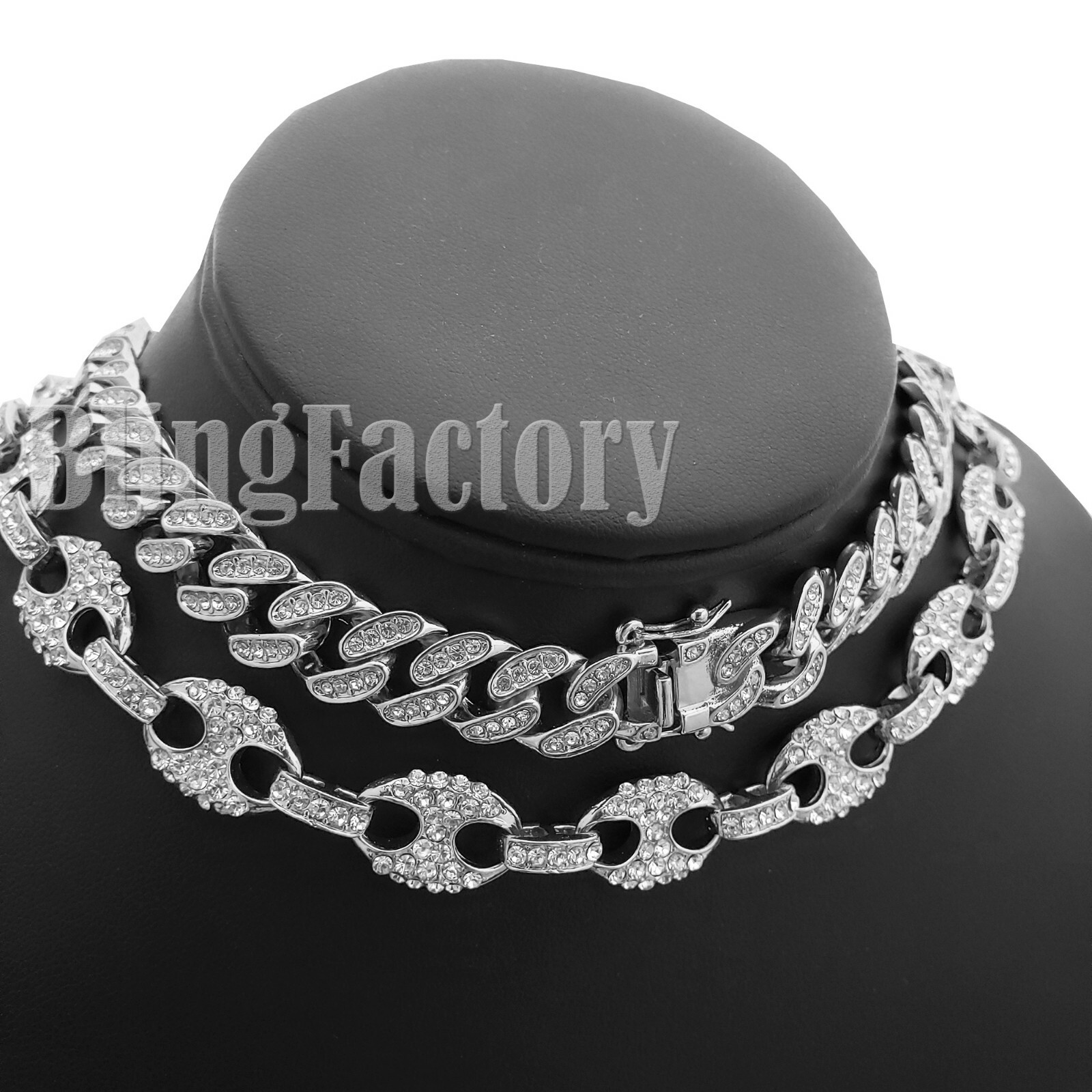 Silver Plated Alloy Cubic Zirconia 18″ Cuban & Marina Choker Chain Necklace Set