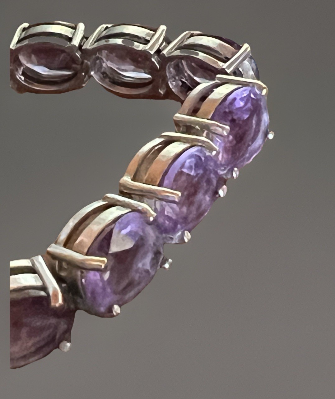 Sterling Silver Amethyst Tennis Bracelet 20 Gems 8mm X 7mm Oval 7.5 In Wt 19g
