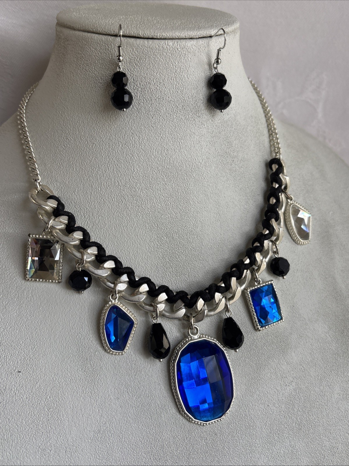Park Lane Fascinated Necklace Satin Brushed Silver Tone Blue Black & Bns Earring