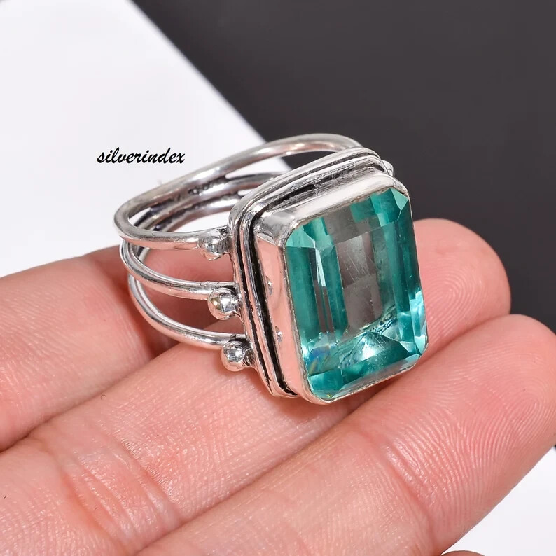 Natural Aquamarine 925 Sterling Silver Band& Statement Ring Handmade All Size