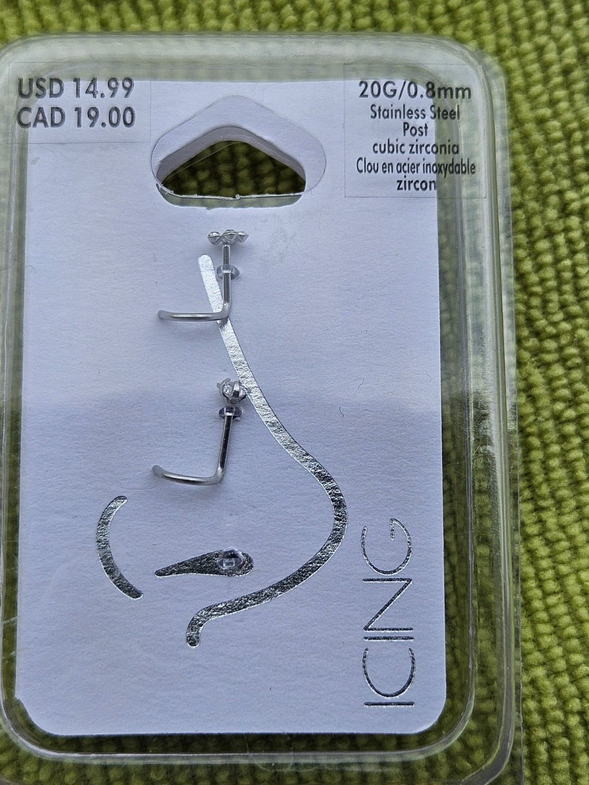 ICING 2-Nose Rings Stainless Steel 20G/0.8mm with cubic zirconia NEW ships FREE