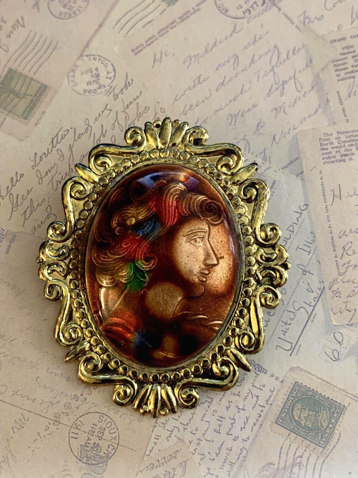 Vintage Ornate Foil-Backed Classical Portrait Brooch Made in Taiwan
