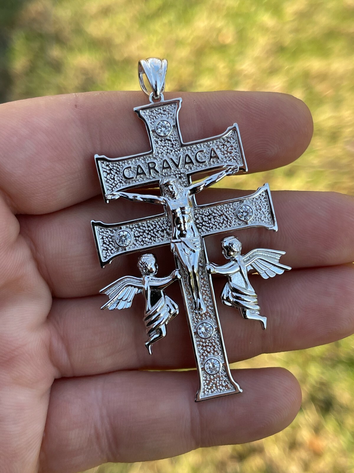 Real Solid Sterling 925 Silver Caravaca Cross Double Crucifix Mens LARGE 2.5″