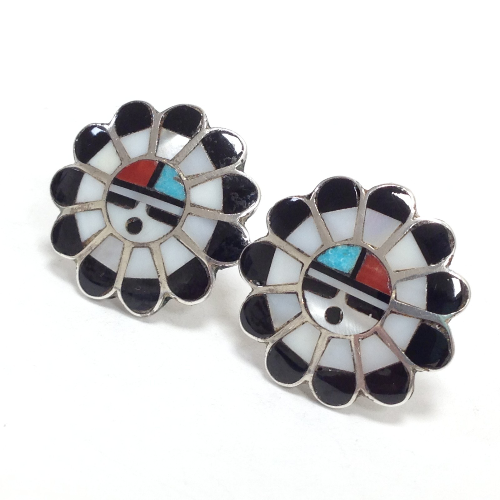 Unsigned Zuni 925 Sterling Silver Multi Stone Inlay Sun Face Post Stud Earrings