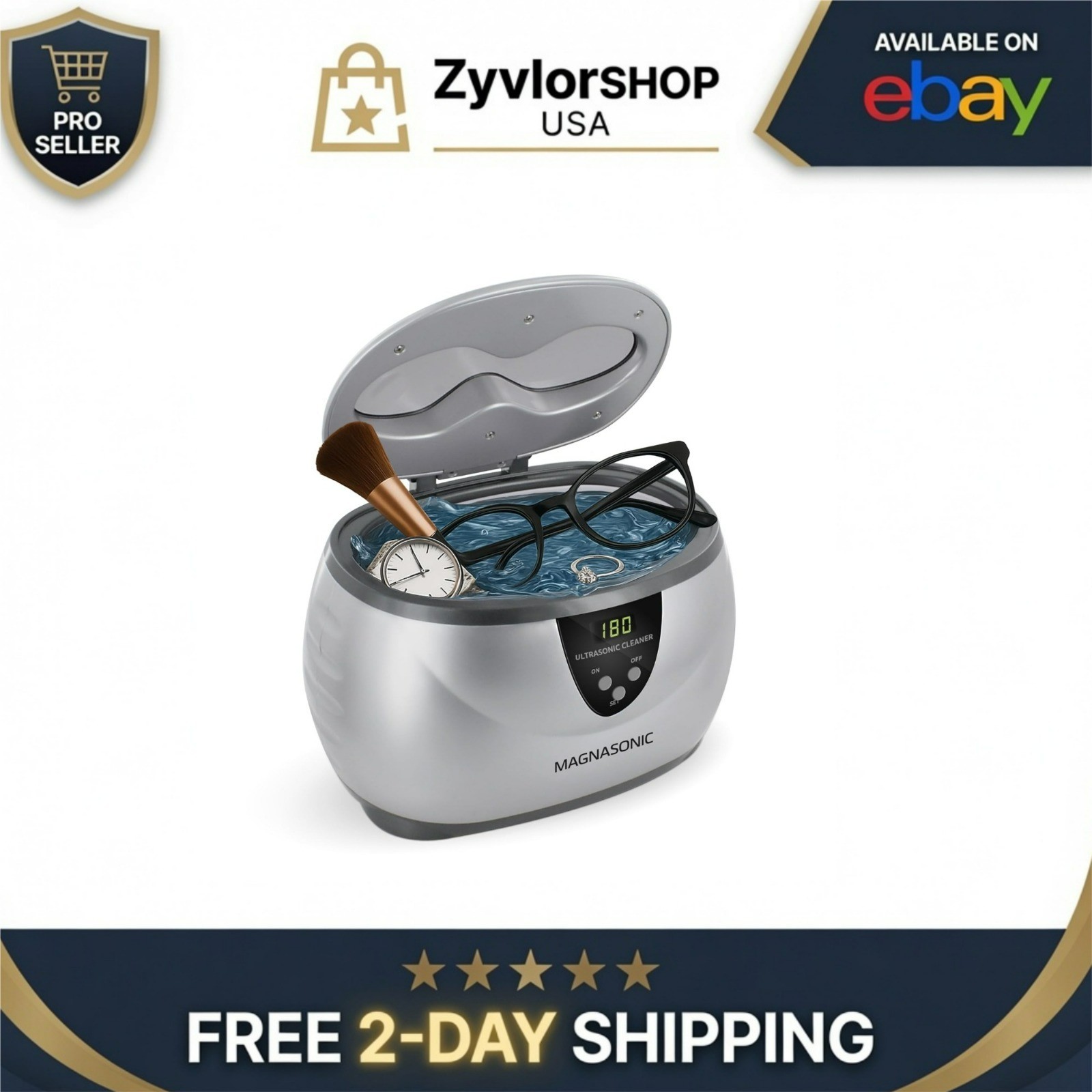 Magnasonic Ultrasonic Cleaner – 20oz Stainless Steel Tank, 5 Modes