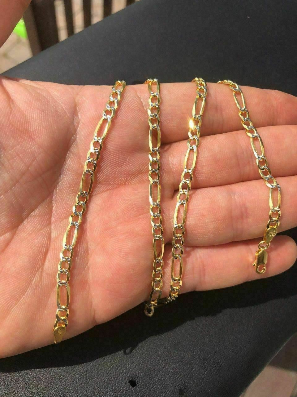 Figaro Chain Two Tone 14k Gold Plated Solid 925 Silver Diamond Cut Men Women 4mm