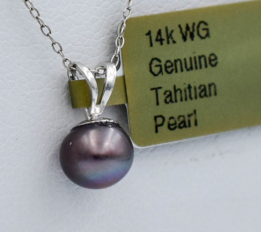 NATURAL 6 mm TAHITIAN PEARL PENDANT 14K WHITE GOLD – MADE IN USA – Free Chain