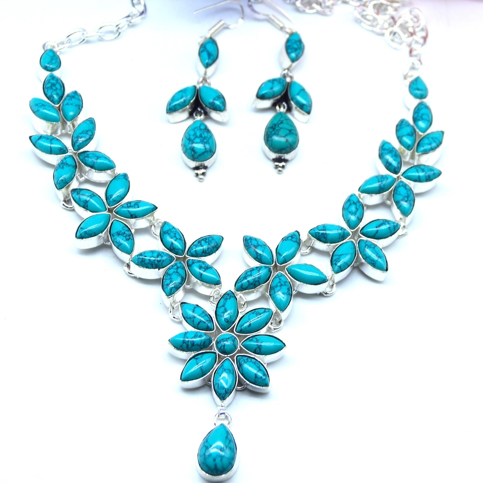 Turquoise Gemstone Handmade 925 Sterling Silver Necklace and Earring Set S-ADJ