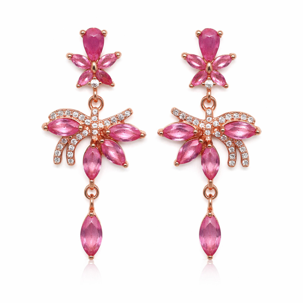Thai Handmade 3 x 6 mm. Pink Ruby White Zircon Earrings