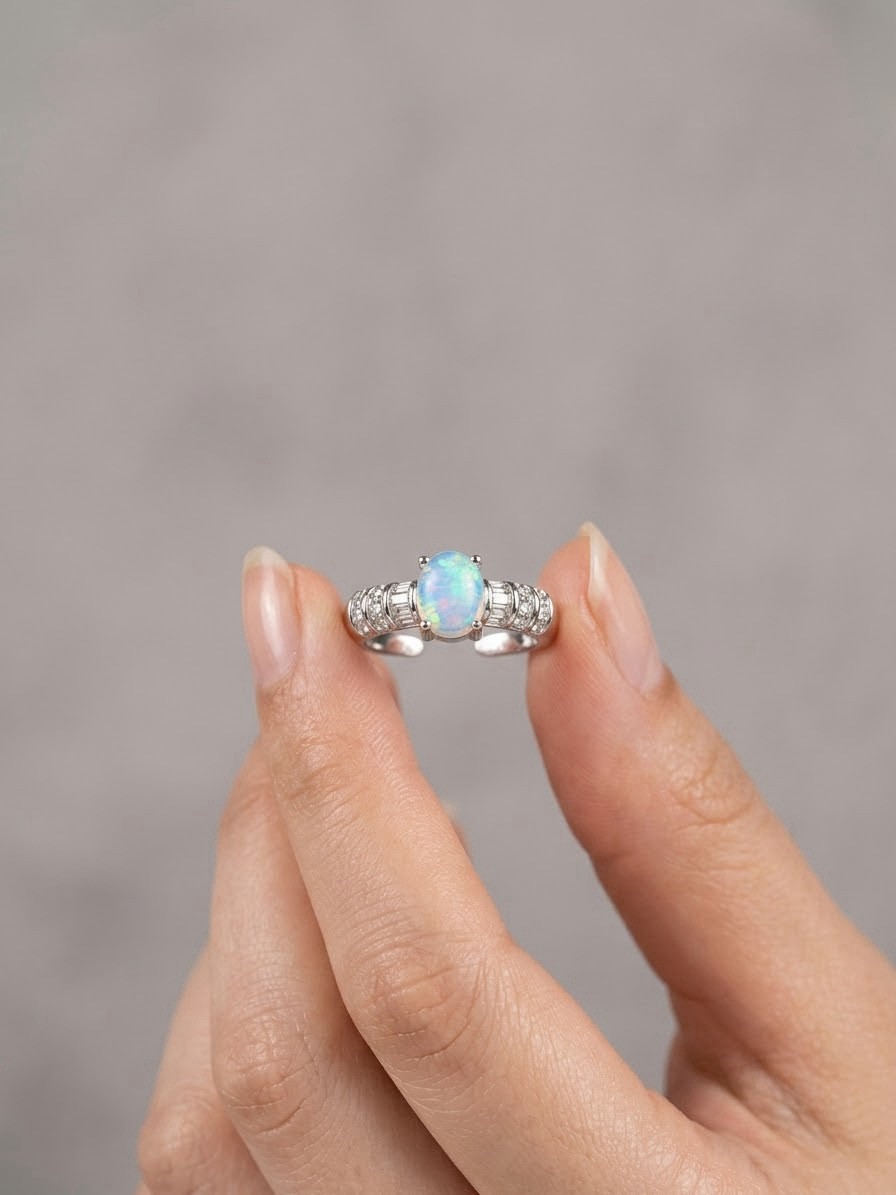 Natural White Opal Sterling Silver Ring, Full Fire Color, Rhodium Plated