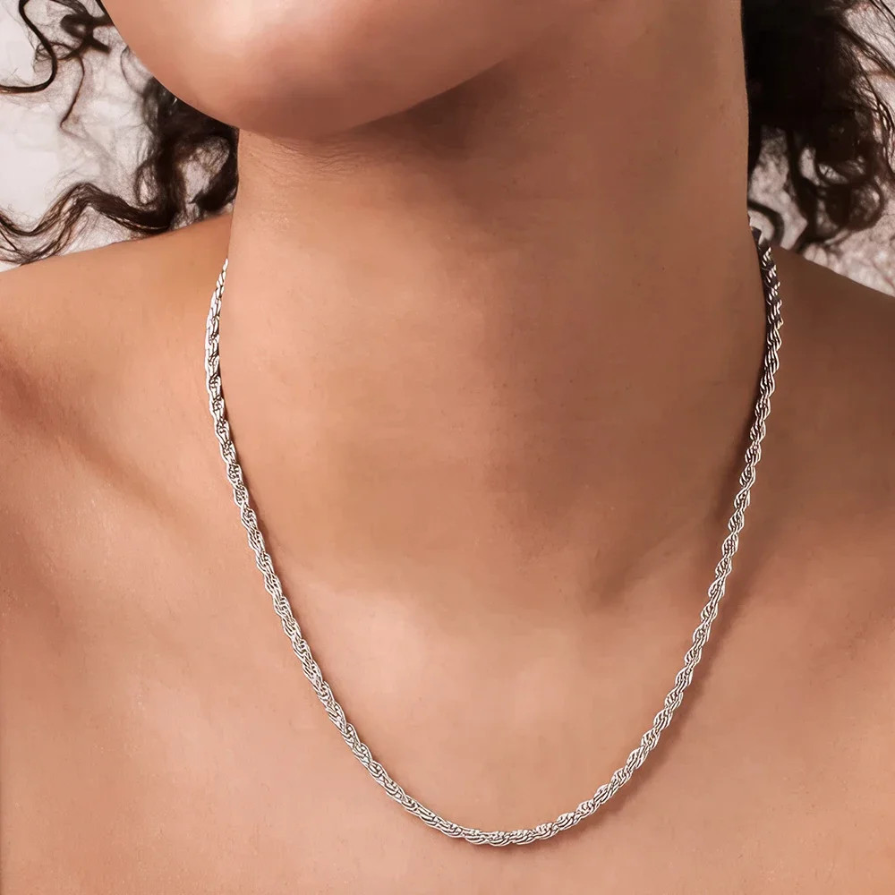 ALIZERO 925 Sterling Silver 4MM Rope Chain Necklaces For Women Men Fashion Hip H