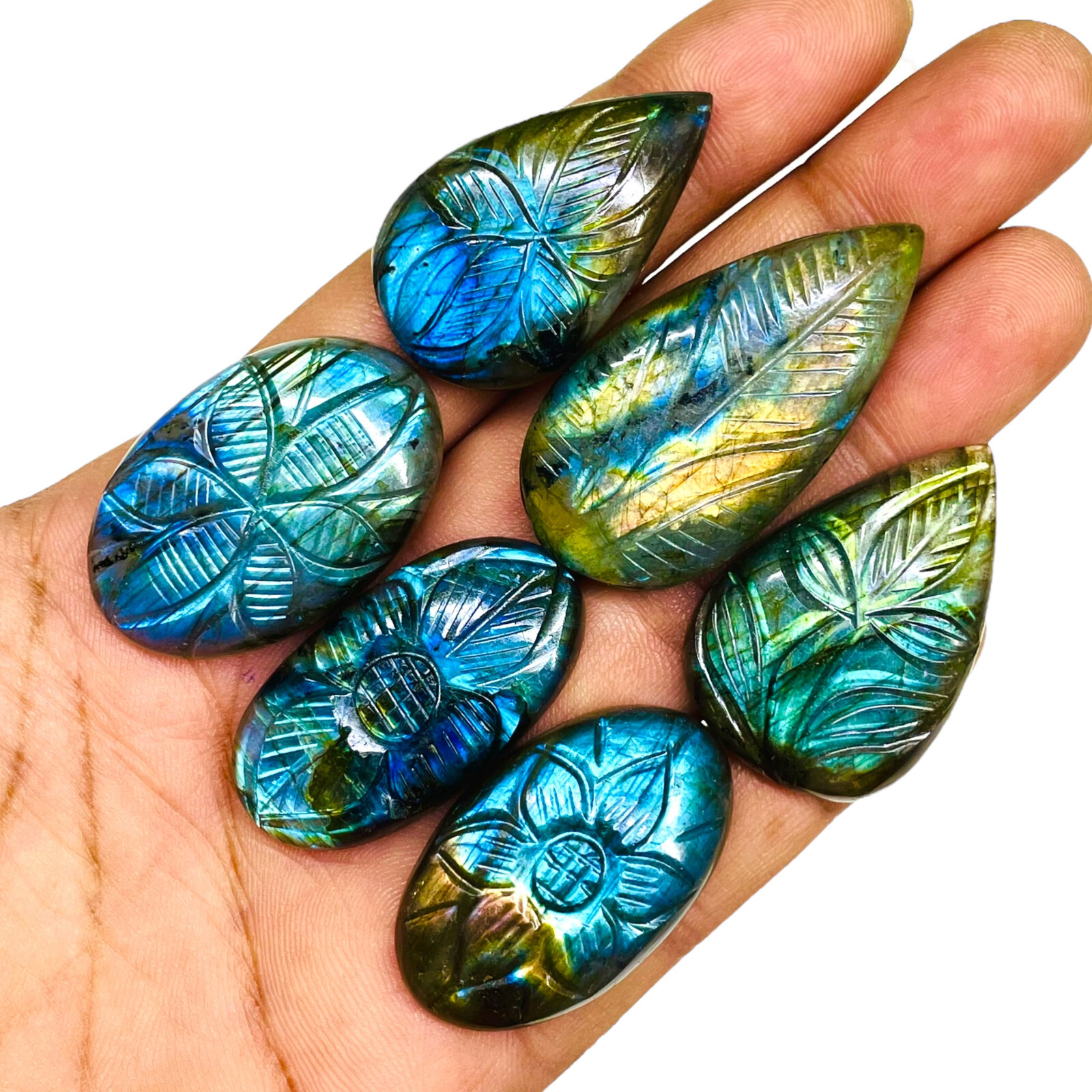 6 Pcs Natural Carved Labradorite 34.5-42mm Huge Pendant Size Loose Gemstones Lot