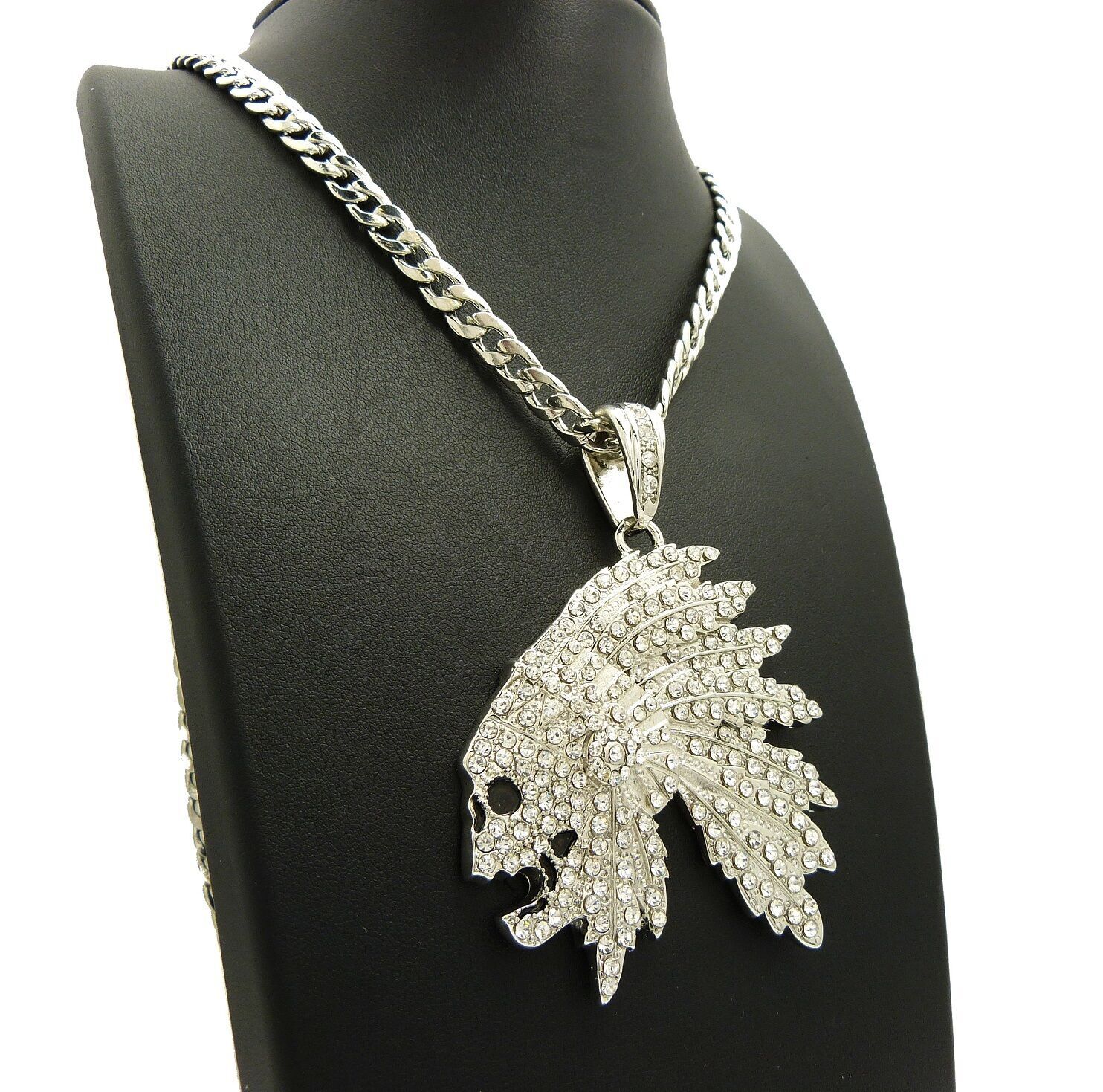 SILVER PLATED ALLOY CUBIC ZIRCONIA SKULL CHIEF & CUBAN CHAIN HIP HOP NECKLACE