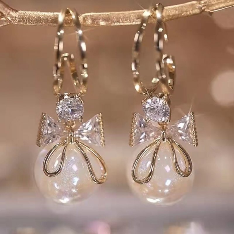 Fashion Zircon Crystal Pearl Bowknot Tassel Earrings Drop Dangle Women Jewelry