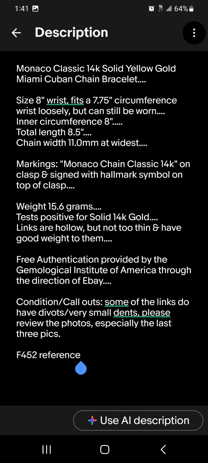14k Solid Yellow Gold Miami Cuban Bracelet size 8″ Signed Monaco Classic 15.6gr