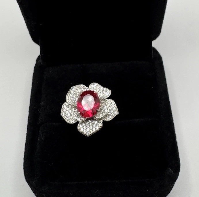 Platinum Plated Adjustable 2 ct Moissanite Pink Flower Ring Vintage Inspired