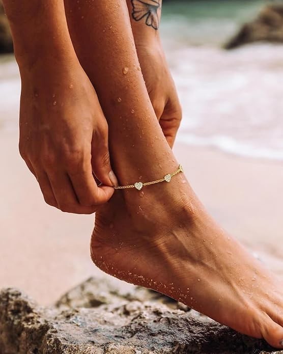 Anklets for Women Waterproof 14K Gold Plated Cz Beach Ankle Bracelets Dainty Sum