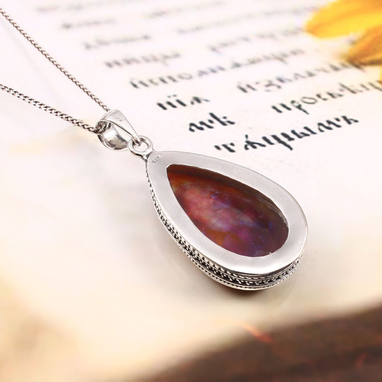 Natural Green Orange Ammolite Pendant 925 Sterling Silver Faceted Teardrop