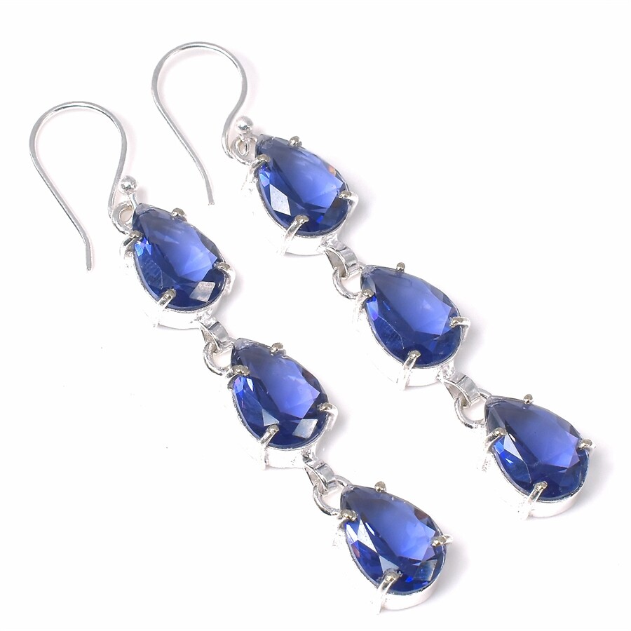 Blue Tanzanite Gemstone Handmade 925 Sterling Silver Jewelry Earring Sz 2.2”