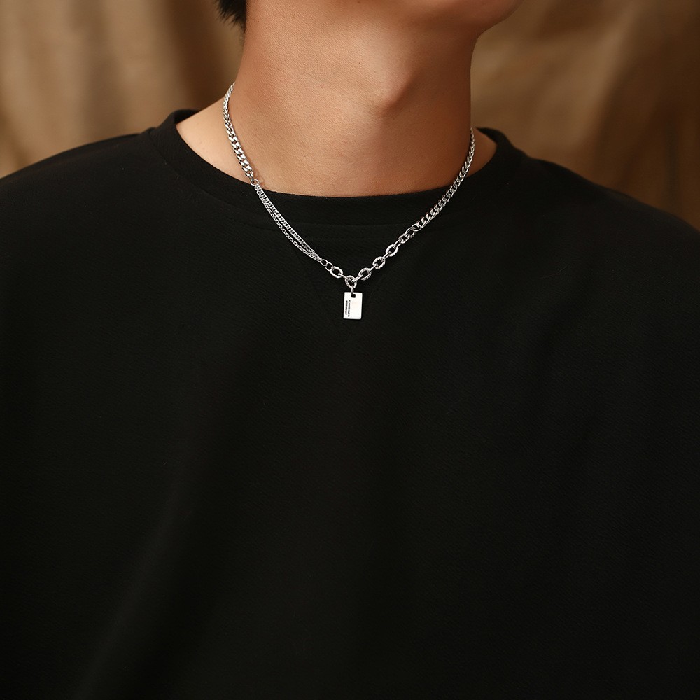 Silver Titanium Alloy Necklace Double Chain Square Tag Extension Choker Unisex