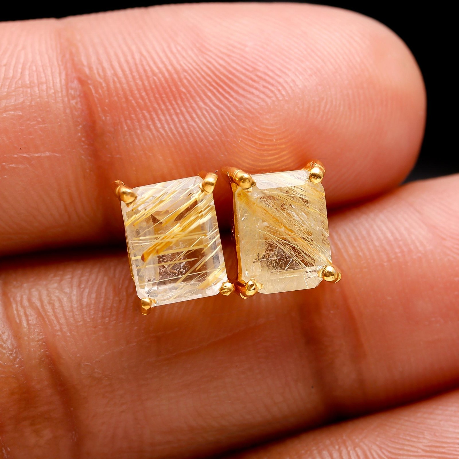 Natural Golden Rutile Octagon Stud Earring Gold Fill 925 Sterling Silver Jewelry