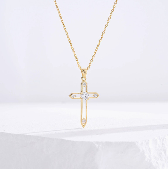 Gold Hollow Cross Pendant Necklace with Clear Cubic Zirconia for Women Religious