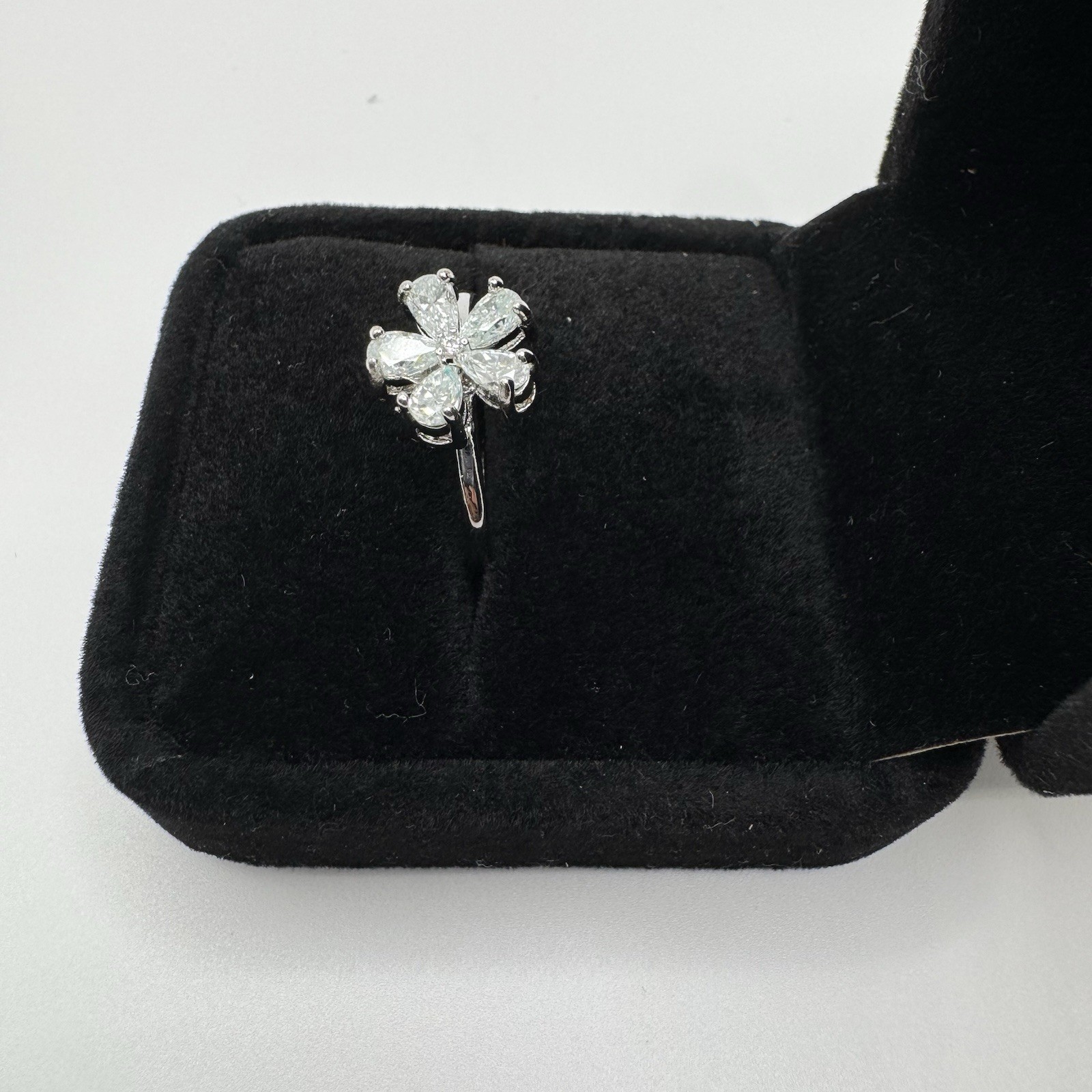 Silvertone Moissanite Floral Cluster Ring With Five Pair Shaped Petals