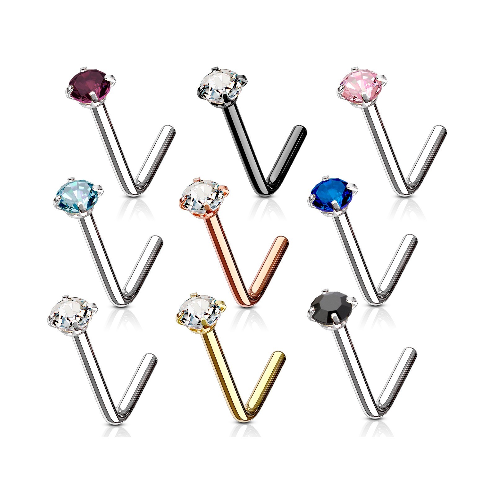 Nose Ring Stud L Shape Surgical Steel Screw Piercing 3mm Set CZ Gem 20G 18G 6mm