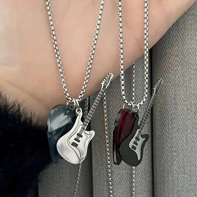 Hip-hop Guitar Pick Necklace Titanium Steel Trendy Guitar Pendant Chain Punk Vin