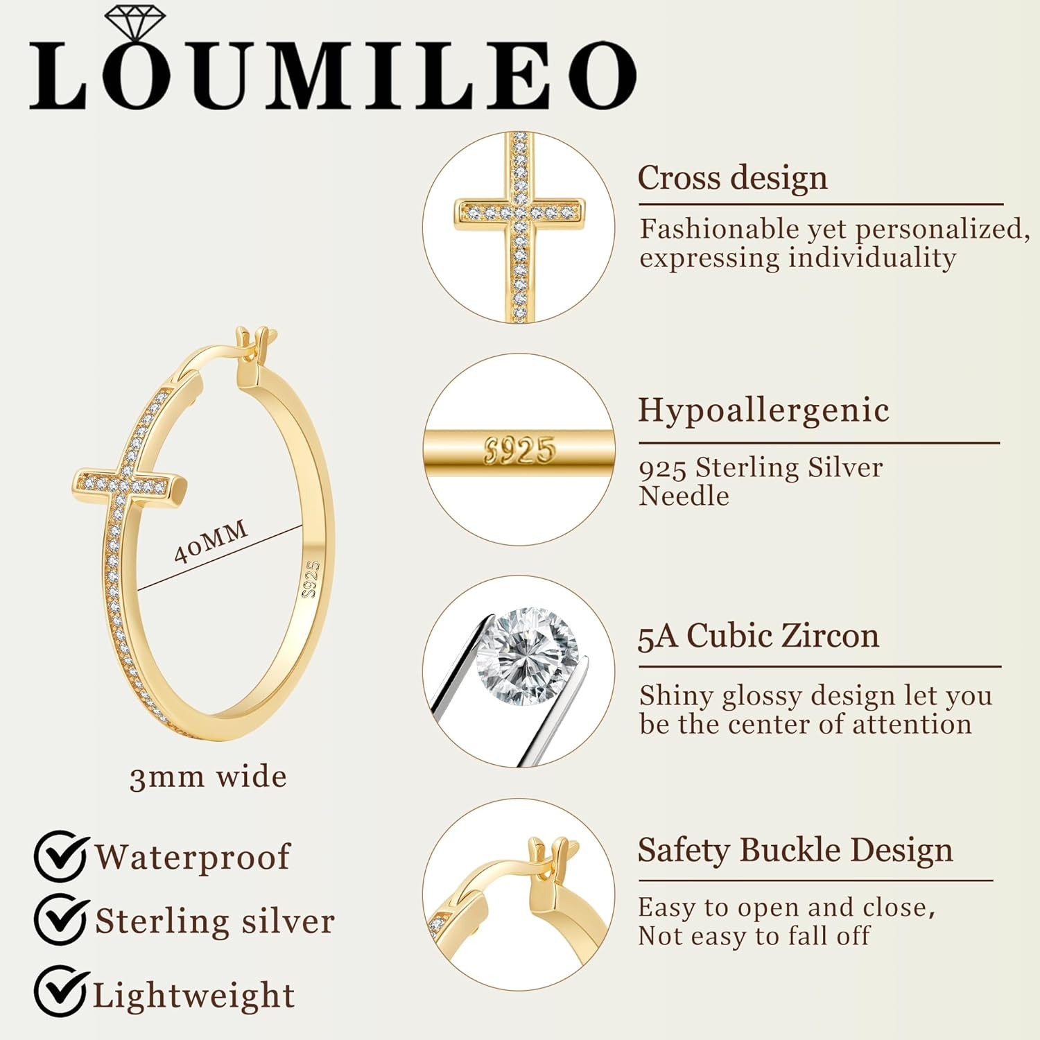 Sterling Silver Cross Hoop Earrings for Women 30MM – Hypoallergenic 14K Gold Pla