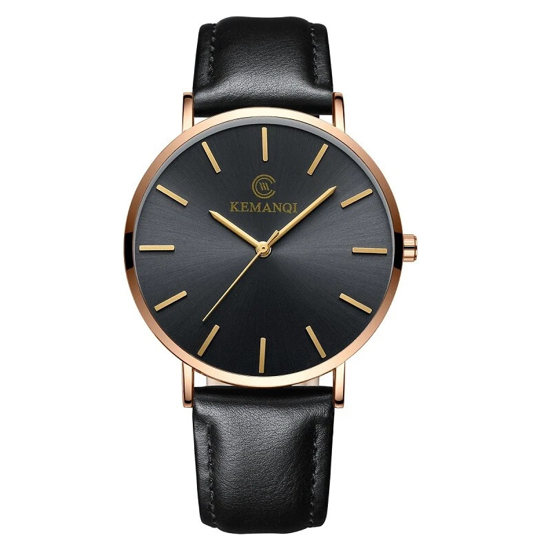 Men Trendy Ultra Thin Minimalist Watch Slim Leather Strap Stainless Steel Quartz