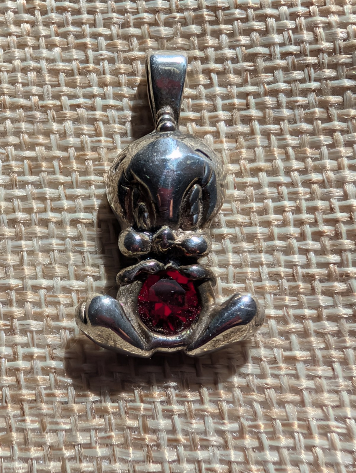 Vintage Tweety Bird Pendant Warner Bros. Sterling 925 red foil backed rhinestone