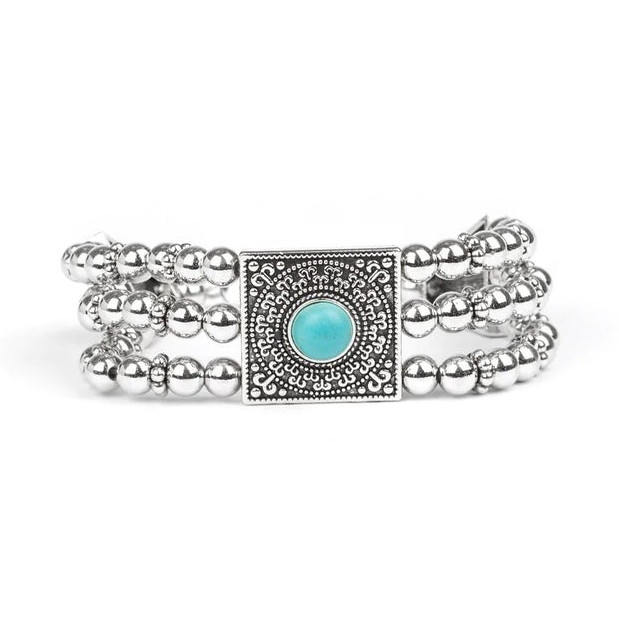 Paparazzi Silver Tone Beaded Lobster Clasp Bracelet, Bezel Set Blue Stone