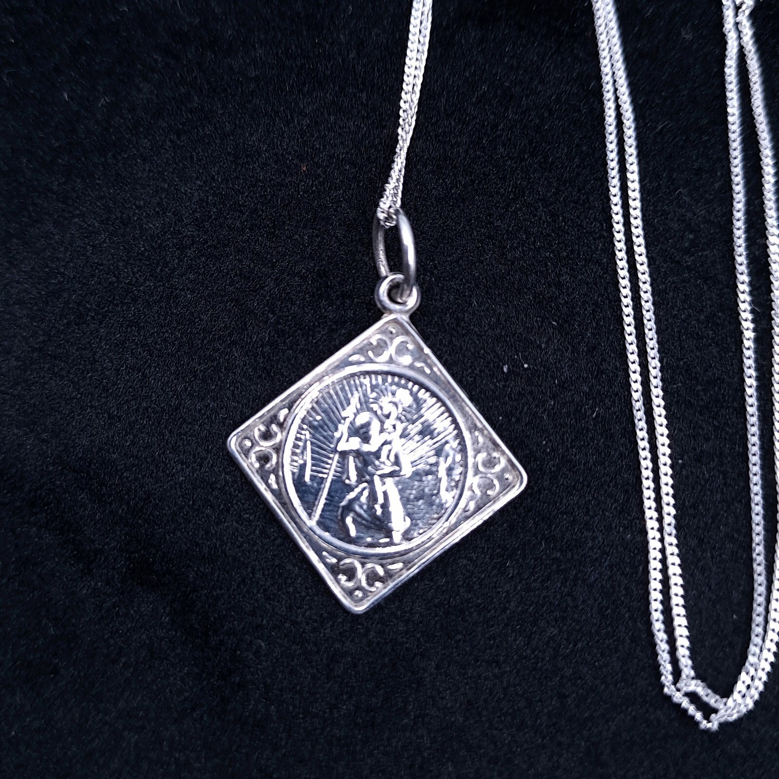Necklace 925 Sterling Silver St Christopher Pendant Offset Square 40cm 16 inches