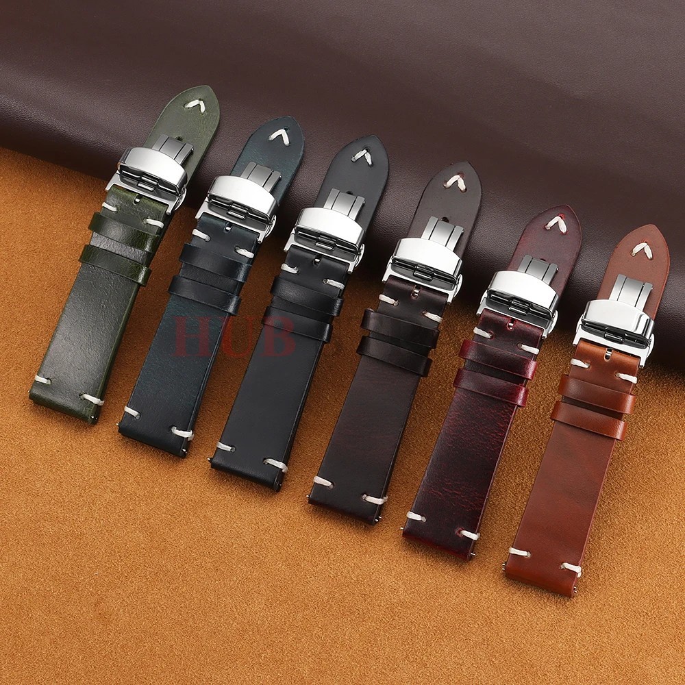 Genuine Leather Butterfly Buckle Watch Bands 18/20/22mm Waterproof Retro Oil Wax