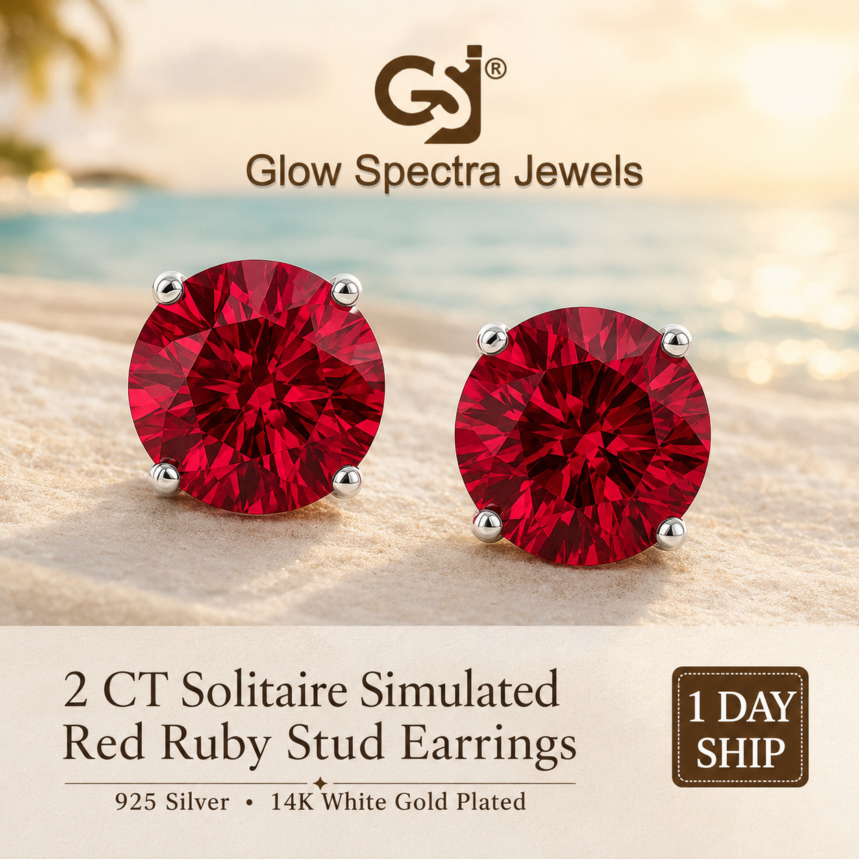 2.00CT Solitaire Red Ruby Diamond Stud Erring 925 Silver 14k White Gold Plated
