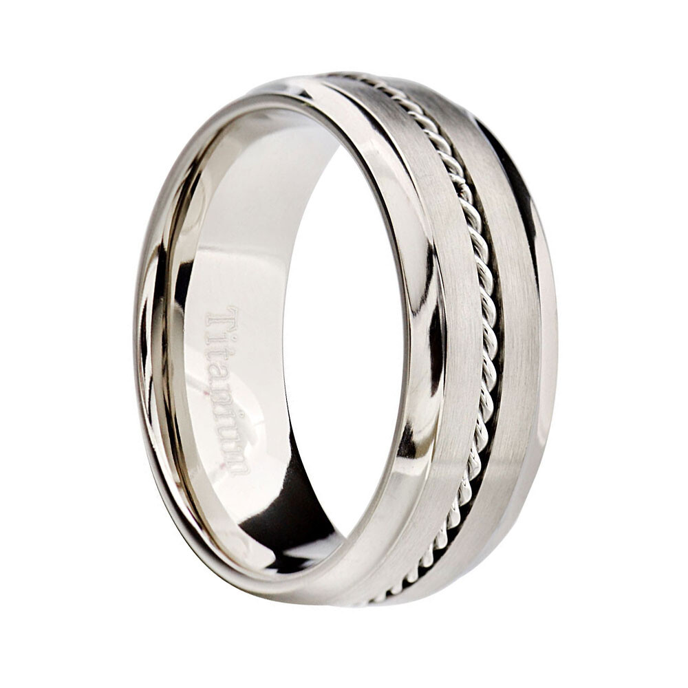 Men’s Titanium Ring Wedding Band Combined Polish Steel Cable Inlay Comfort Fit