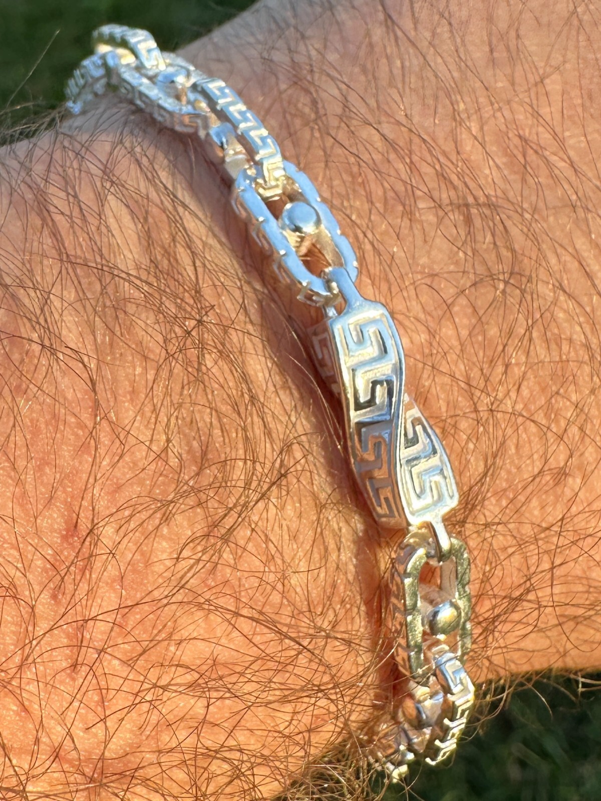 Real 7mm 925 Sterling Silver Custom Greek Key Hermes Rolo Link Chain Bracelet
