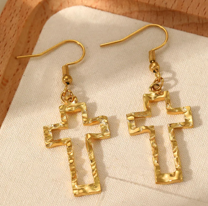 Stainless Steel Cross Pendant Earrings Vintage Hammered Texture Hollow Geometric